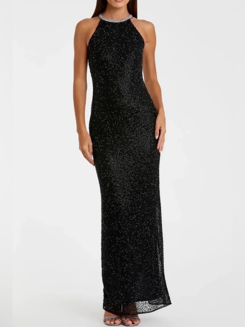 Mac Duggal Black Beaded Sleeveless High Neck Column Gown Size 6